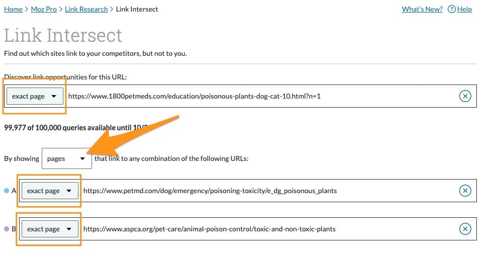 Link Intersect page analysis input