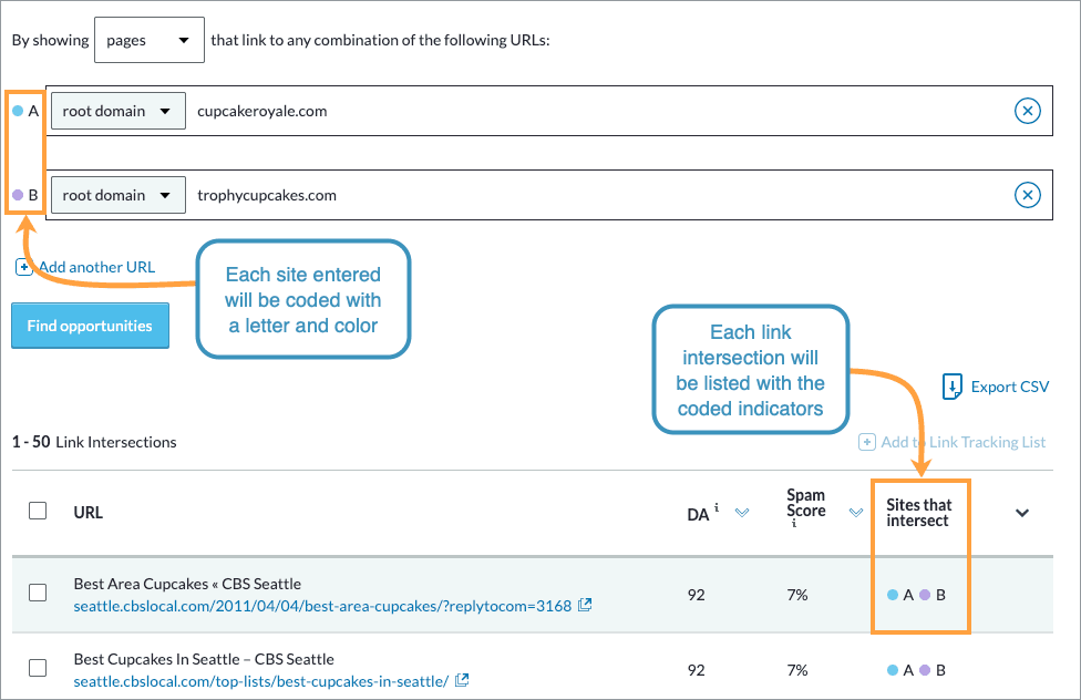 Within Link Intersect, the sites you're comparing will be color coded. You can check how they are referenced beside the URLs entered.