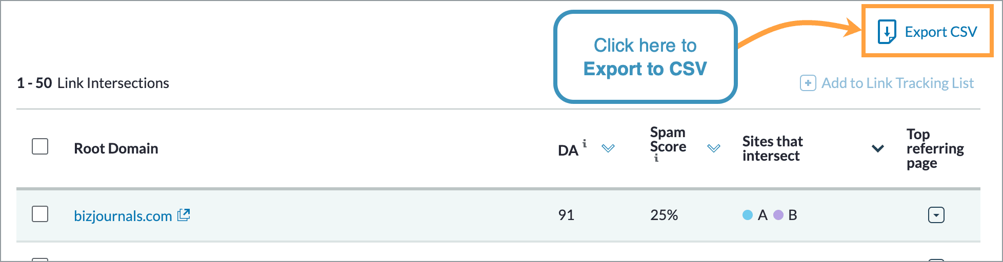 The option to export to CSV is to the right just above the option to add to a link tracking list.