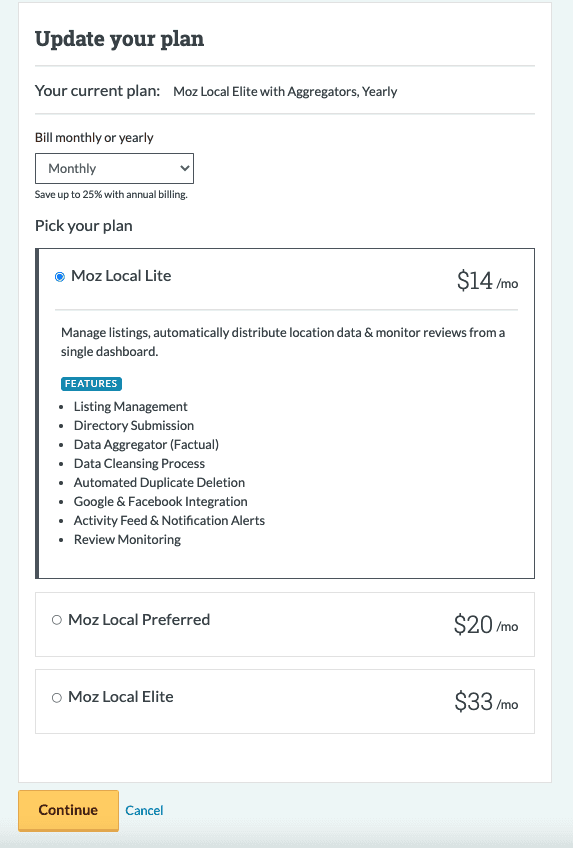 Moz Local Billing Cadence