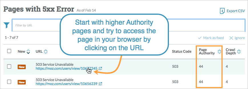 Site Crawl view of pages with 5xx errors. Click the headers to sort the table and see pages with higher authority and lower crawl depth.